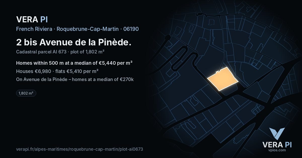 2 bis Avenue de la Pinède, Roquebrune-Cap-Martin at night – the plot lit, the parcels around coloured by the prices near them