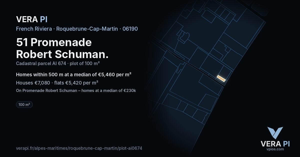 51 Promenade Robert Schuman, Roquebrune-Cap-Martin at night – the plot lit, the parcels around coloured by the prices near them