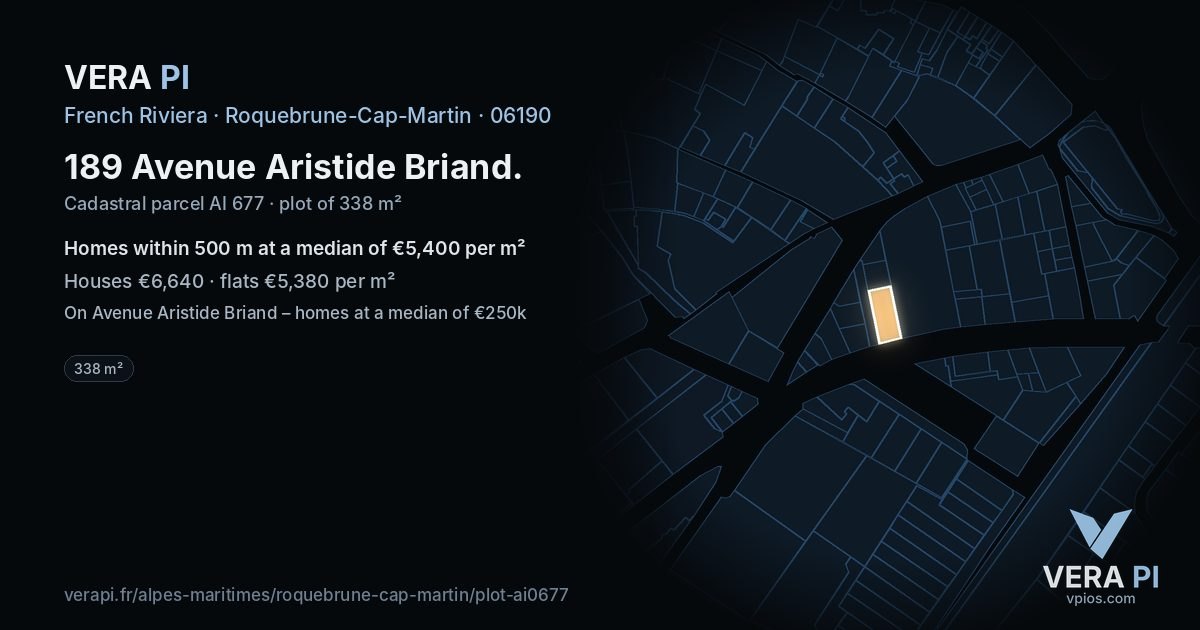 189 Avenue Aristide Briand, Roquebrune-Cap-Martin at night – the plot lit, the parcels around coloured by the prices near them