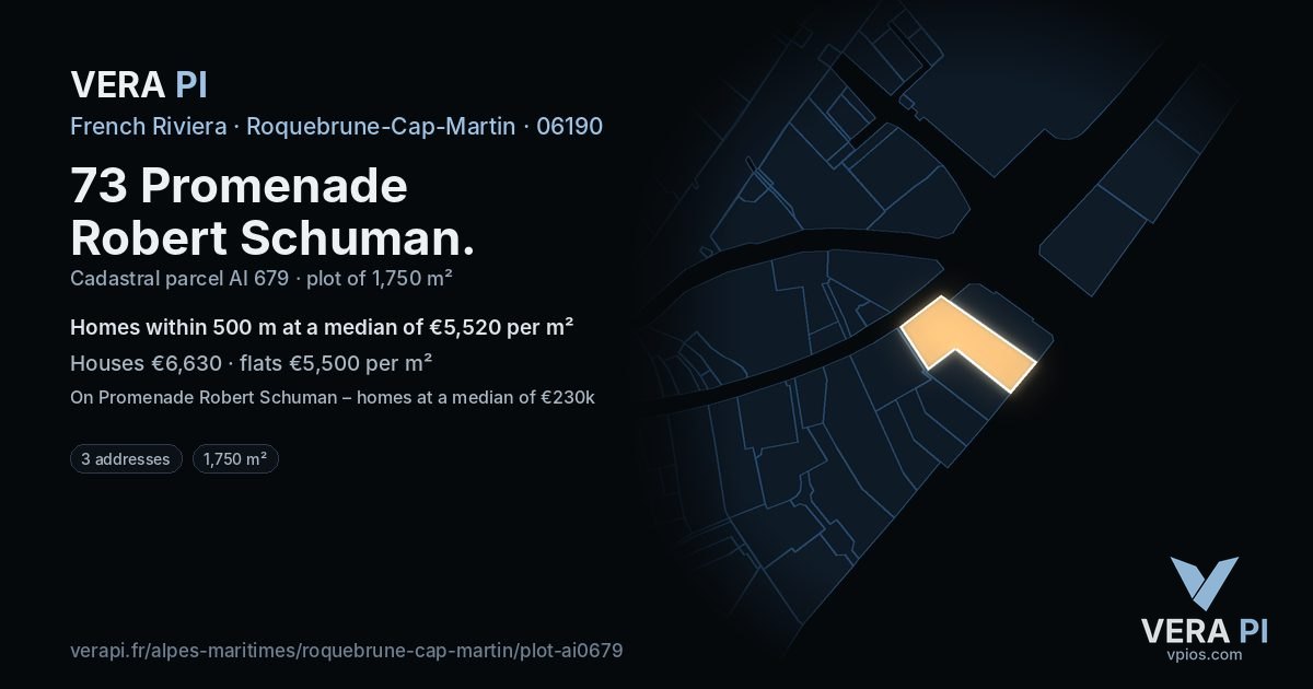 73 Promenade Robert Schuman, Roquebrune-Cap-Martin at night – the plot lit, the parcels around coloured by the prices near them