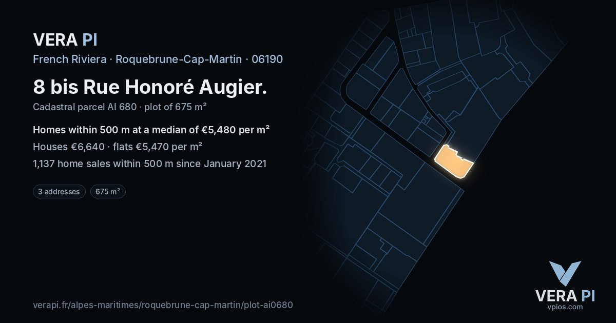 8 bis Rue Honoré Augier, Roquebrune-Cap-Martin at night – the plot lit, the parcels around coloured by the prices near them