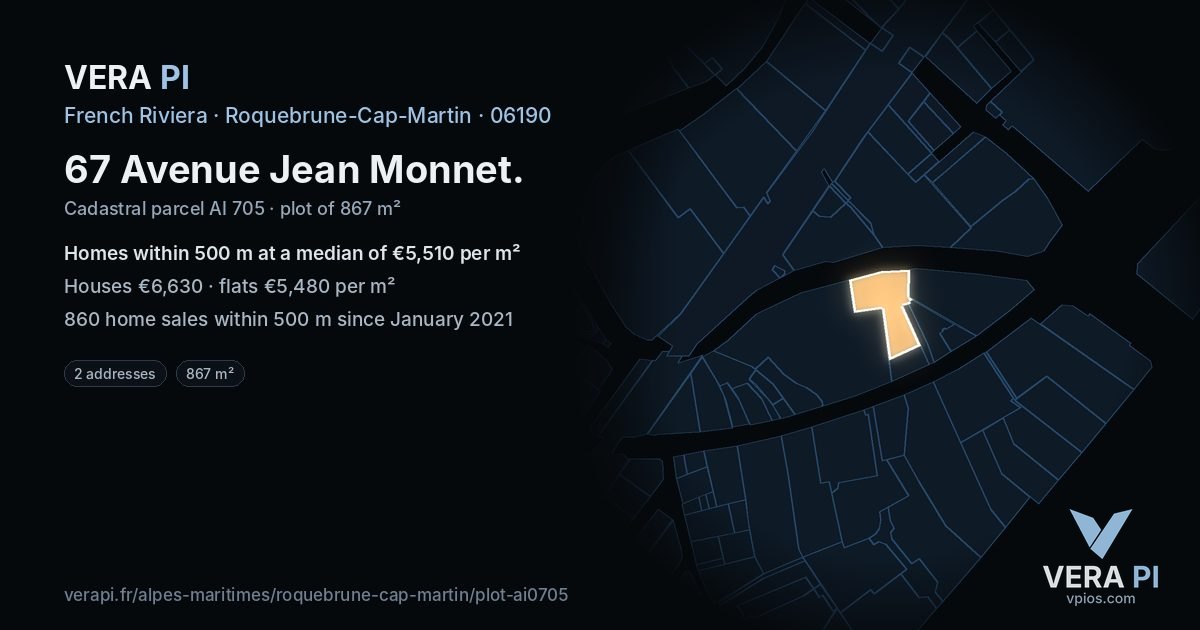 67 Avenue Jean Monnet, Roquebrune-Cap-Martin at night – the plot lit, the parcels around coloured by the prices near them