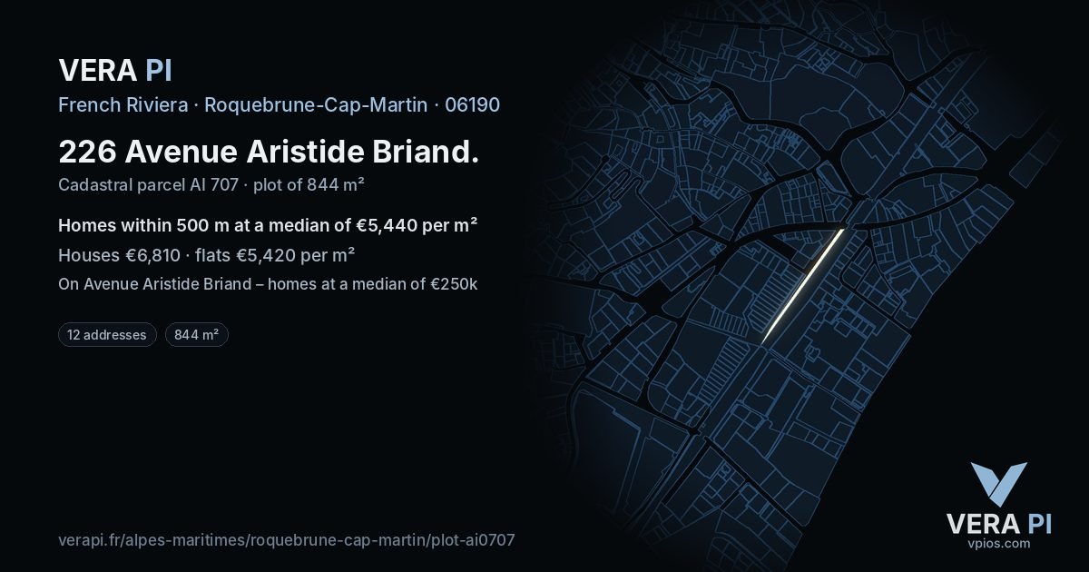 226 Avenue Aristide Briand, Roquebrune-Cap-Martin at night – the plot lit, the parcels around coloured by the prices near them