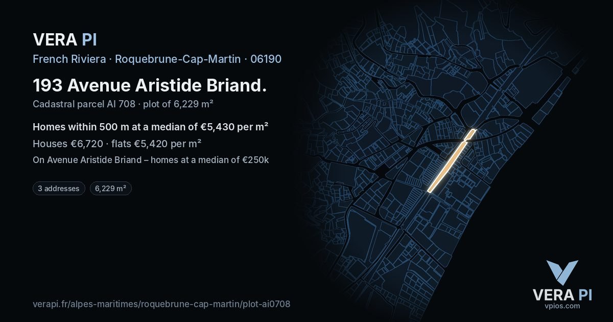 193 Avenue Aristide Briand, Roquebrune-Cap-Martin at night – the plot lit, the parcels around coloured by the prices near them