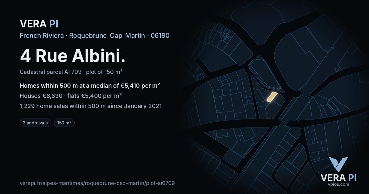 4 Rue Albini, Roquebrune-Cap-Martin at night – the plot lit, the parcels around coloured by the prices near them