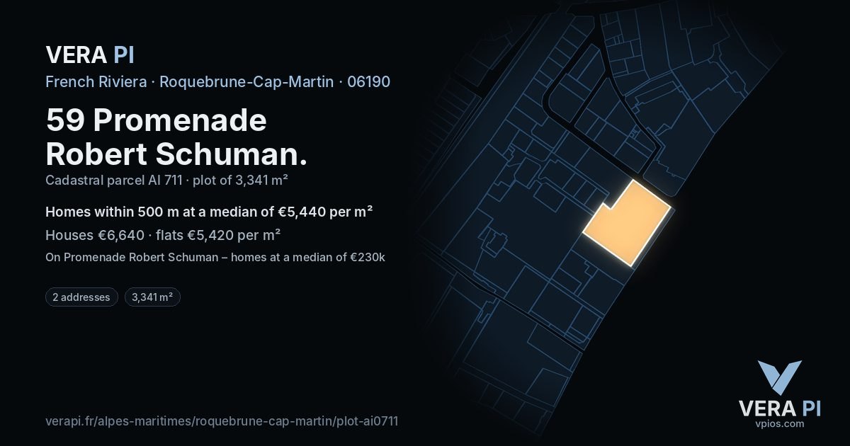 59 Promenade Robert Schuman, Roquebrune-Cap-Martin at night – the plot lit, the parcels around coloured by the prices near them