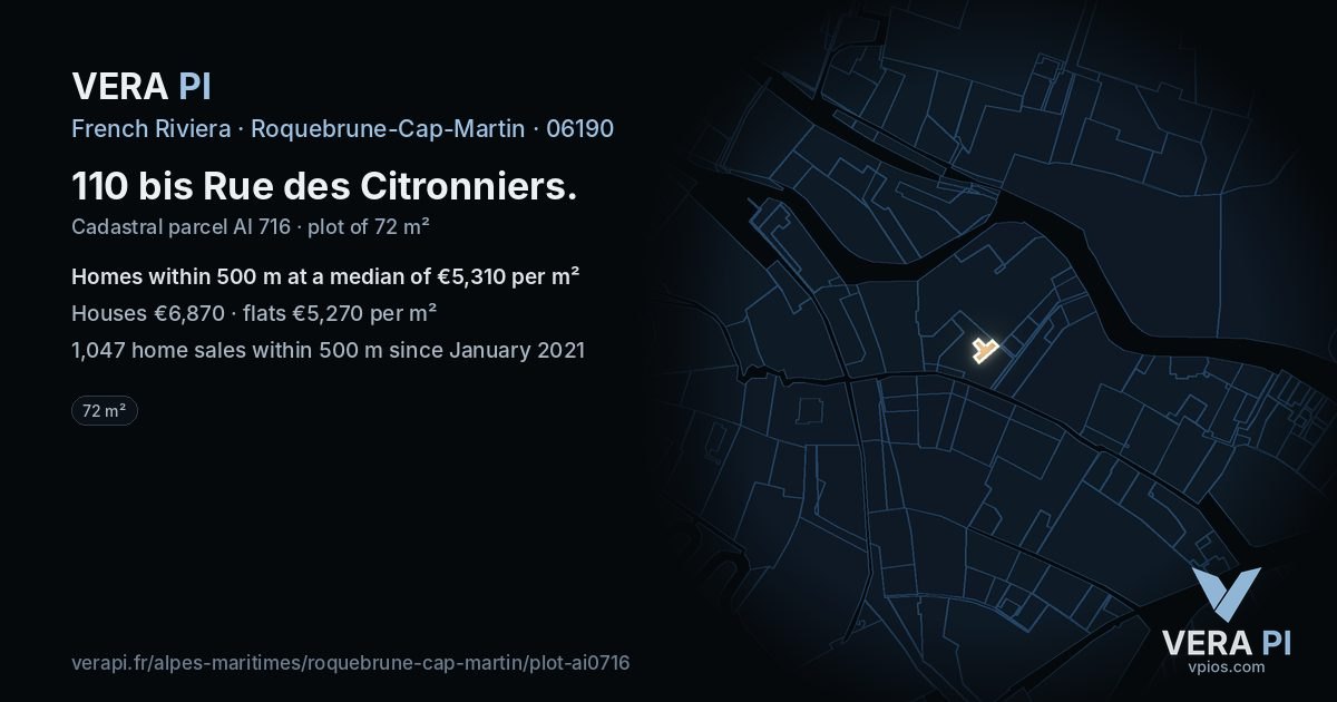 110 bis Rue des Citronniers, Roquebrune-Cap-Martin at night – the plot lit, the parcels around coloured by the prices near them