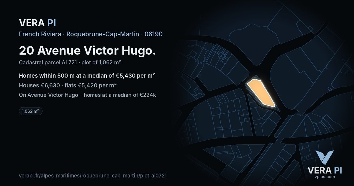 20 Avenue Victor Hugo, Roquebrune-Cap-Martin at night – the plot lit, the parcels around coloured by the prices near them