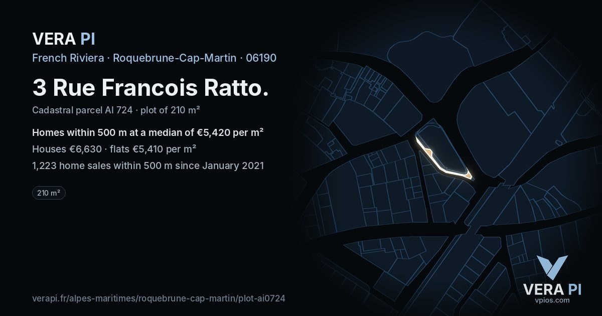3 Rue Francois Ratto, Roquebrune-Cap-Martin at night – the plot lit, the parcels around coloured by the prices near them