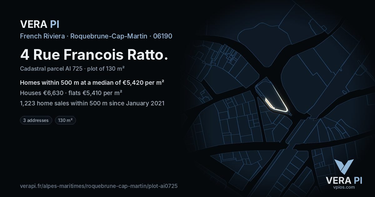 4 Rue Francois Ratto, Roquebrune-Cap-Martin at night – the plot lit, the parcels around coloured by the prices near them
