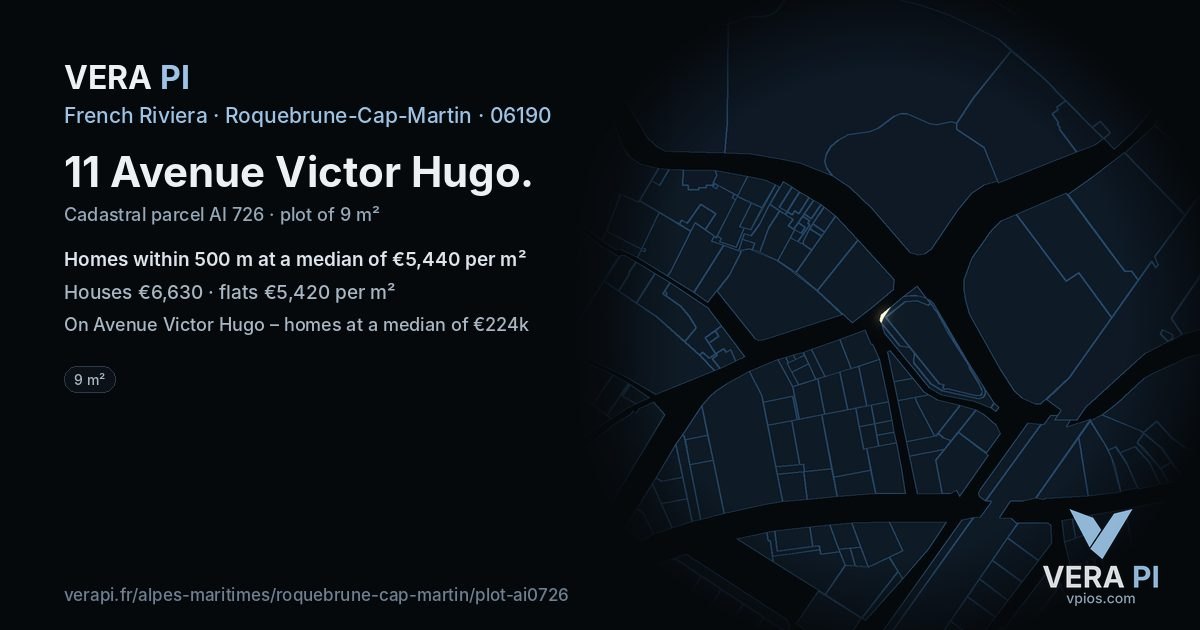11 Avenue Victor Hugo, Roquebrune-Cap-Martin at night – the plot lit, the parcels around coloured by the prices near them