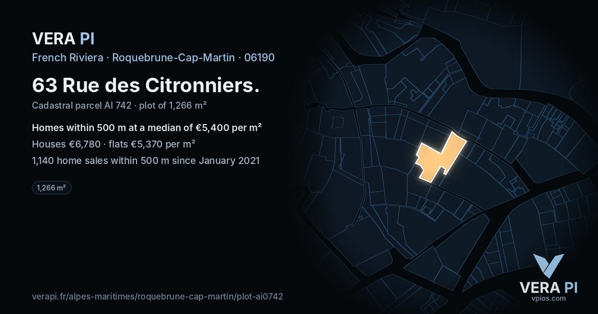 63 Rue des Citronniers, Roquebrune-Cap-Martin at night – the plot lit, the parcels around coloured by the prices near them