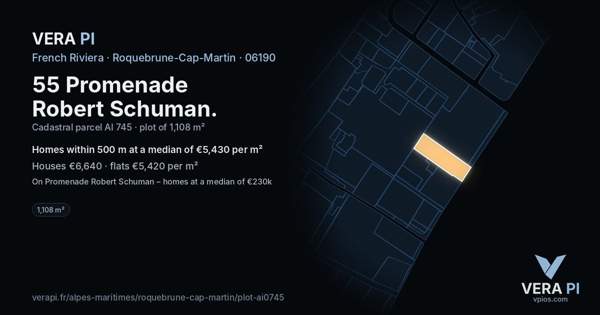 55 Promenade Robert Schuman, Roquebrune-Cap-Martin at night – the plot lit, the parcels around coloured by the prices near them