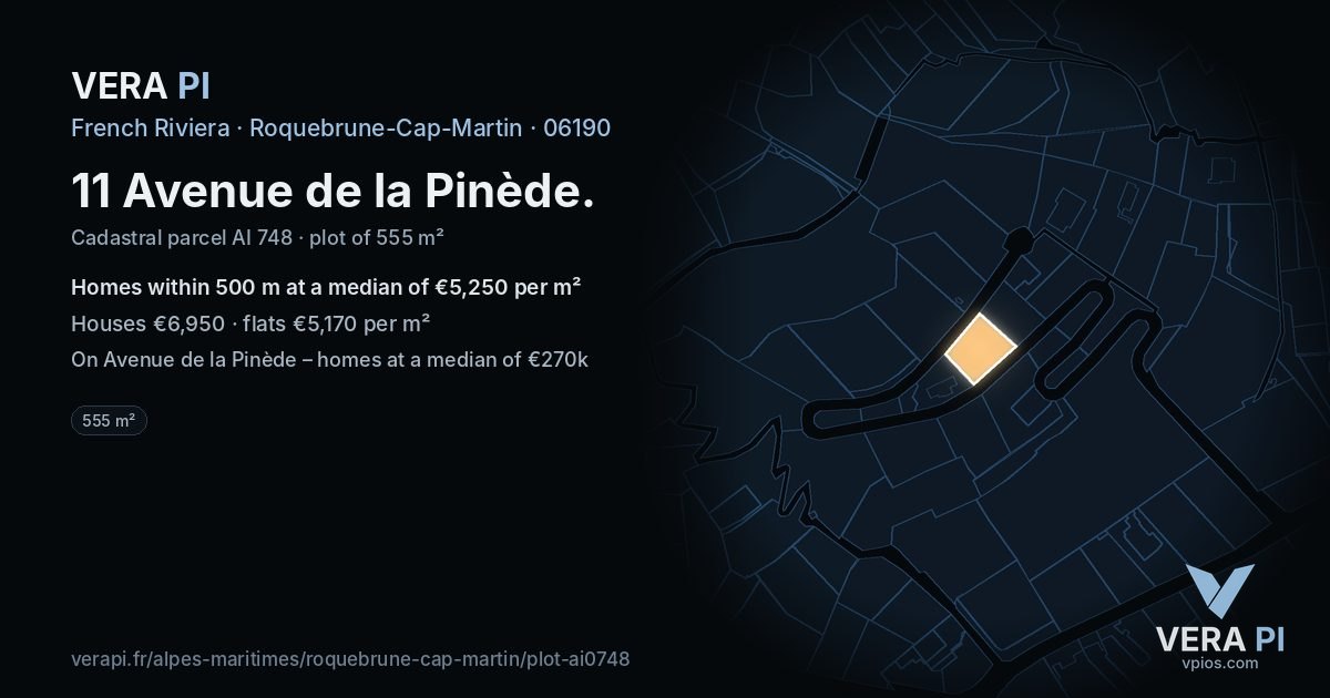 11 Avenue de la Pinède, Roquebrune-Cap-Martin at night – the plot lit, the parcels around coloured by the prices near them