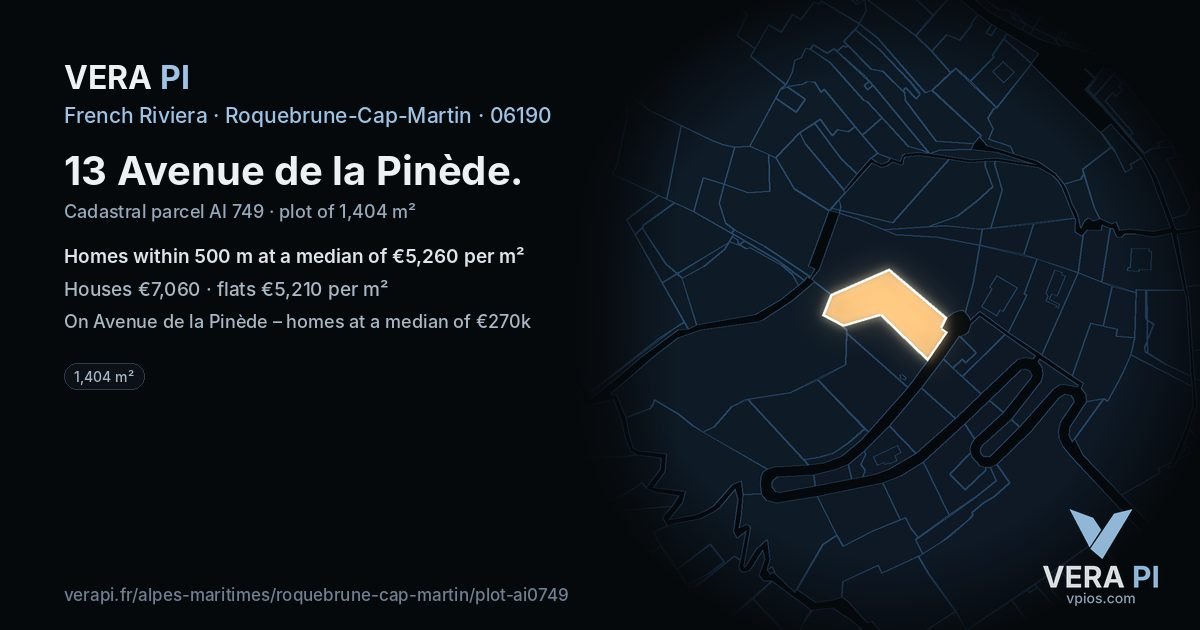 13 Avenue de la Pinède, Roquebrune-Cap-Martin at night – the plot lit, the parcels around coloured by the prices near them
