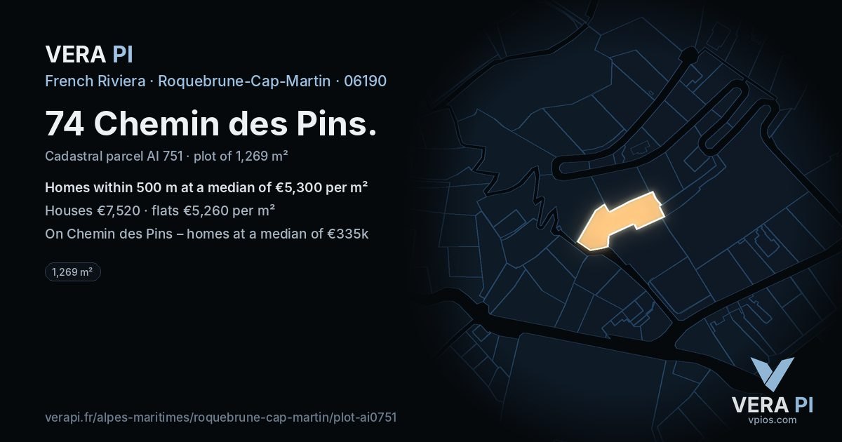 74 Chemin des Pins, Roquebrune-Cap-Martin at night – the plot lit, the parcels around coloured by the prices near them