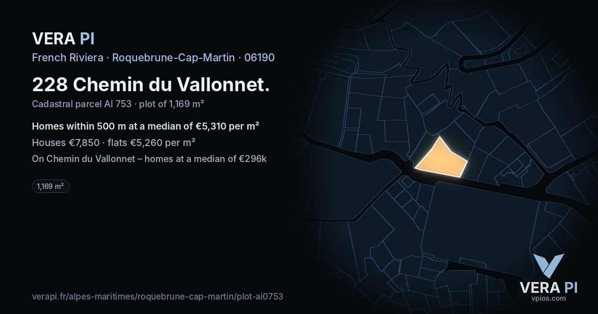 228 Chemin du Vallonnet, Roquebrune-Cap-Martin at night – the plot lit, the parcels around coloured by the prices near them