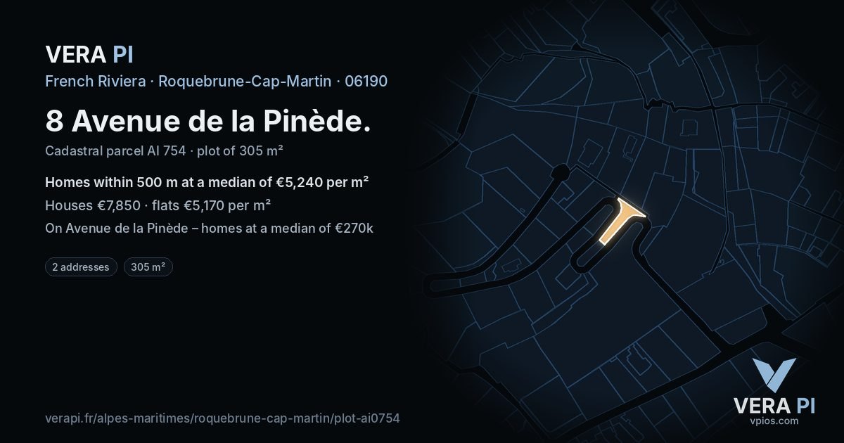 8 Avenue de la Pinède, Roquebrune-Cap-Martin at night – the plot lit, the parcels around coloured by the prices near them