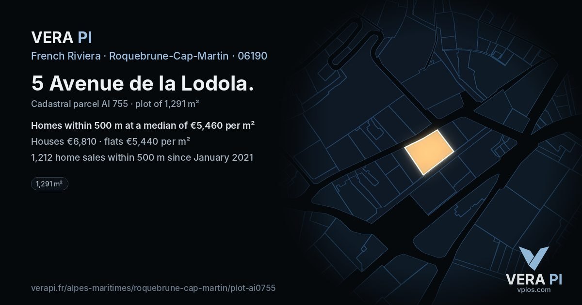 5 Avenue de la Lodola, Roquebrune-Cap-Martin at night – the plot lit, the parcels around coloured by the prices near them