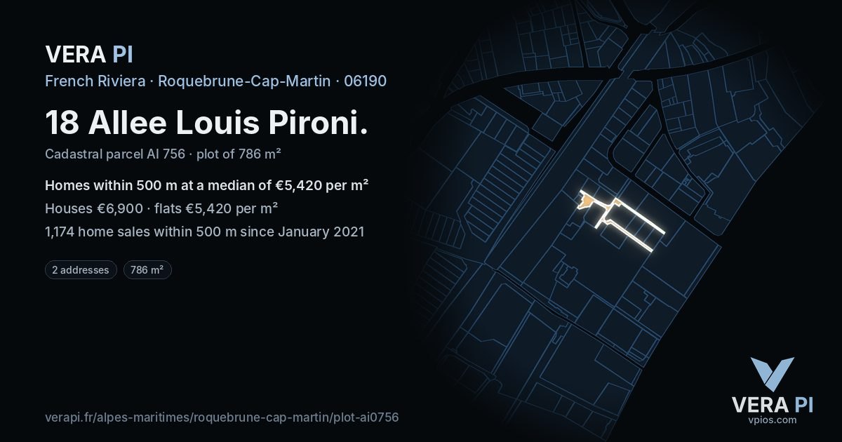 18 Allee Louis Pironi, Roquebrune-Cap-Martin at night – the plot lit, the parcels around coloured by the prices near them