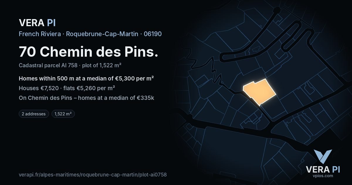 70 Chemin des Pins, Roquebrune-Cap-Martin at night – the plot lit, the parcels around coloured by the prices near them
