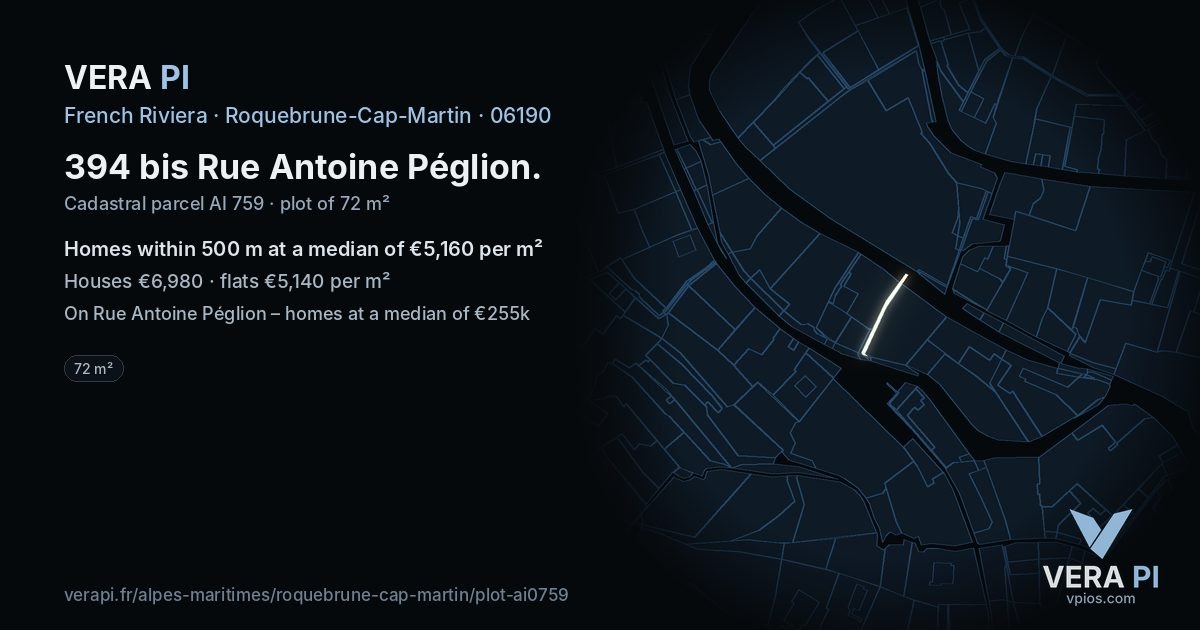 394 bis Rue Antoine Péglion, Roquebrune-Cap-Martin at night – the plot lit, the parcels around coloured by the prices near them
