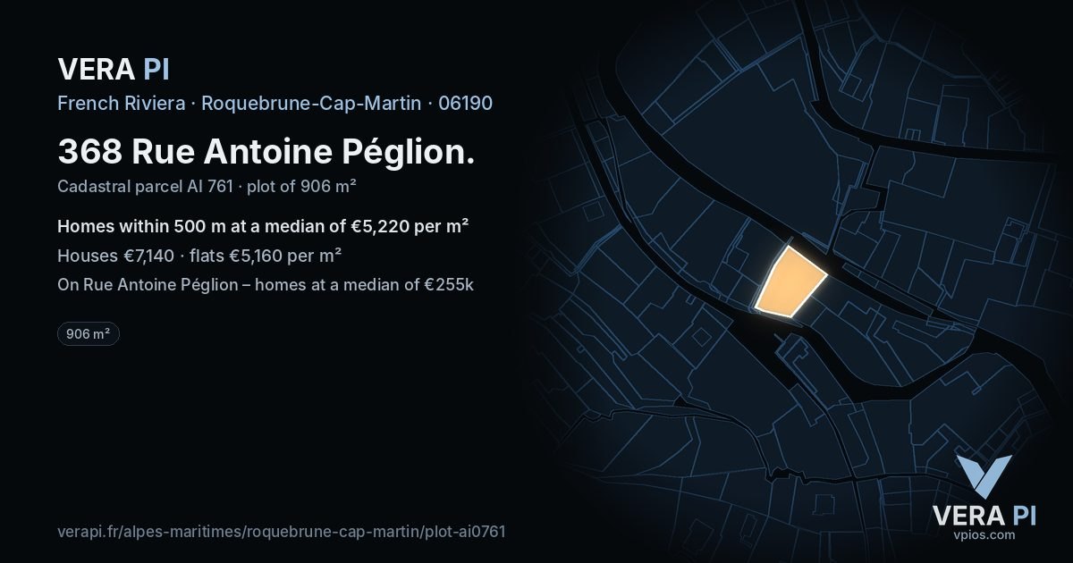 368 Rue Antoine Péglion, Roquebrune-Cap-Martin at night – the plot lit, the parcels around coloured by the prices near them