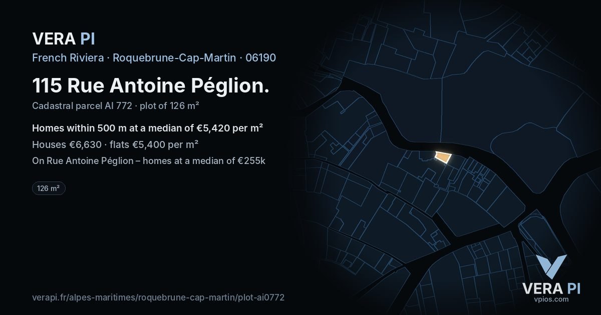 115 Rue Antoine Péglion, Roquebrune-Cap-Martin at night – the plot lit, the parcels around coloured by the prices near them