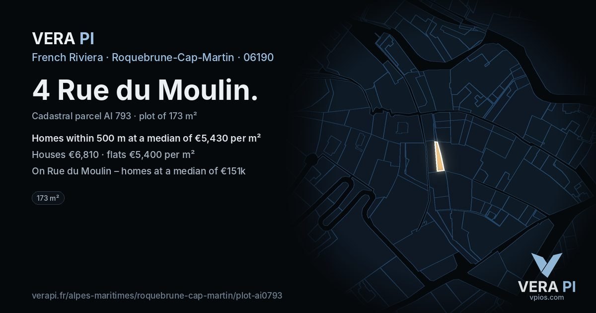 4 Rue du Moulin, Roquebrune-Cap-Martin at night – the plot lit, the parcels around coloured by the prices near them