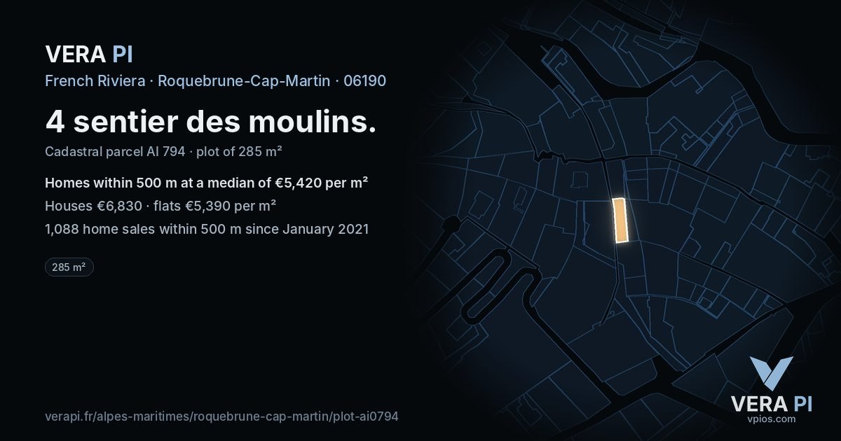 4 sentier des moulins, Roquebrune-Cap-Martin at night – the plot lit, the parcels around coloured by the prices near them