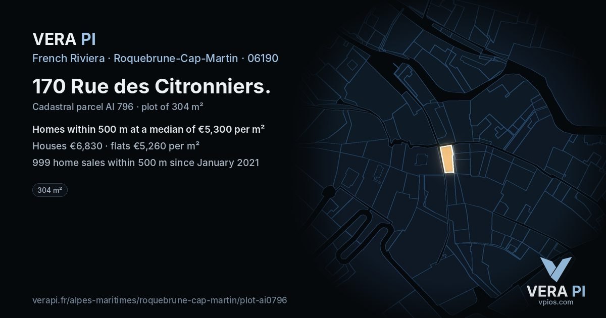 170 Rue des Citronniers, Roquebrune-Cap-Martin at night – the plot lit, the parcels around coloured by the prices near them