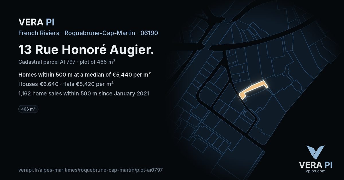 13 Rue Honoré Augier, Roquebrune-Cap-Martin at night – the plot lit, the parcels around coloured by the prices near them