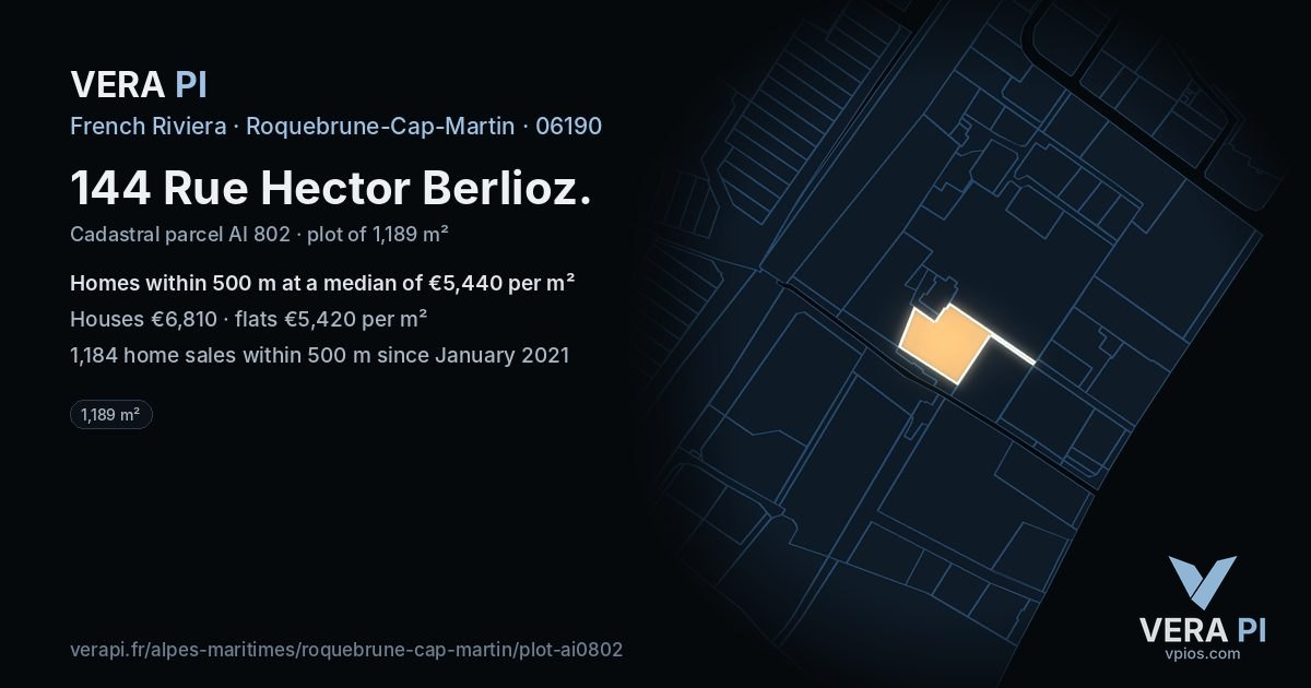 144 Rue Hector Berlioz, Roquebrune-Cap-Martin at night – the plot lit, the parcels around coloured by the prices near them