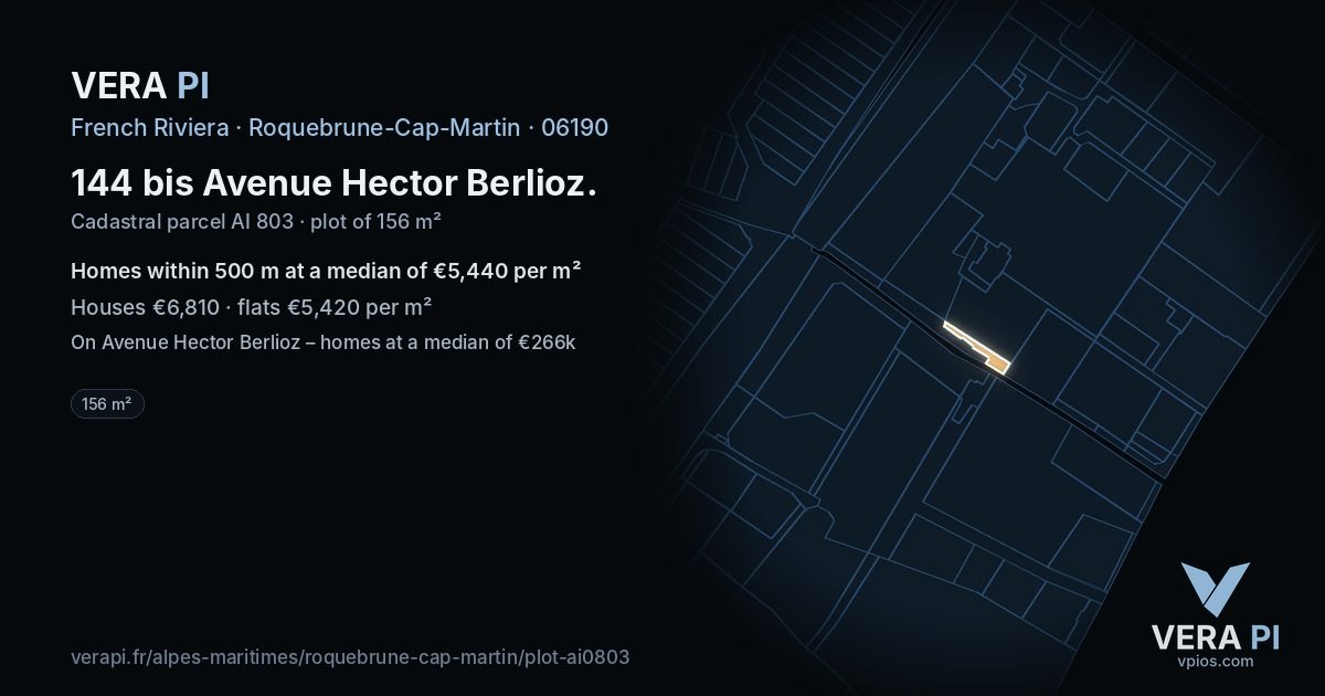 144 bis Avenue Hector Berlioz, Roquebrune-Cap-Martin at night – the plot lit, the parcels around coloured by the prices near them
