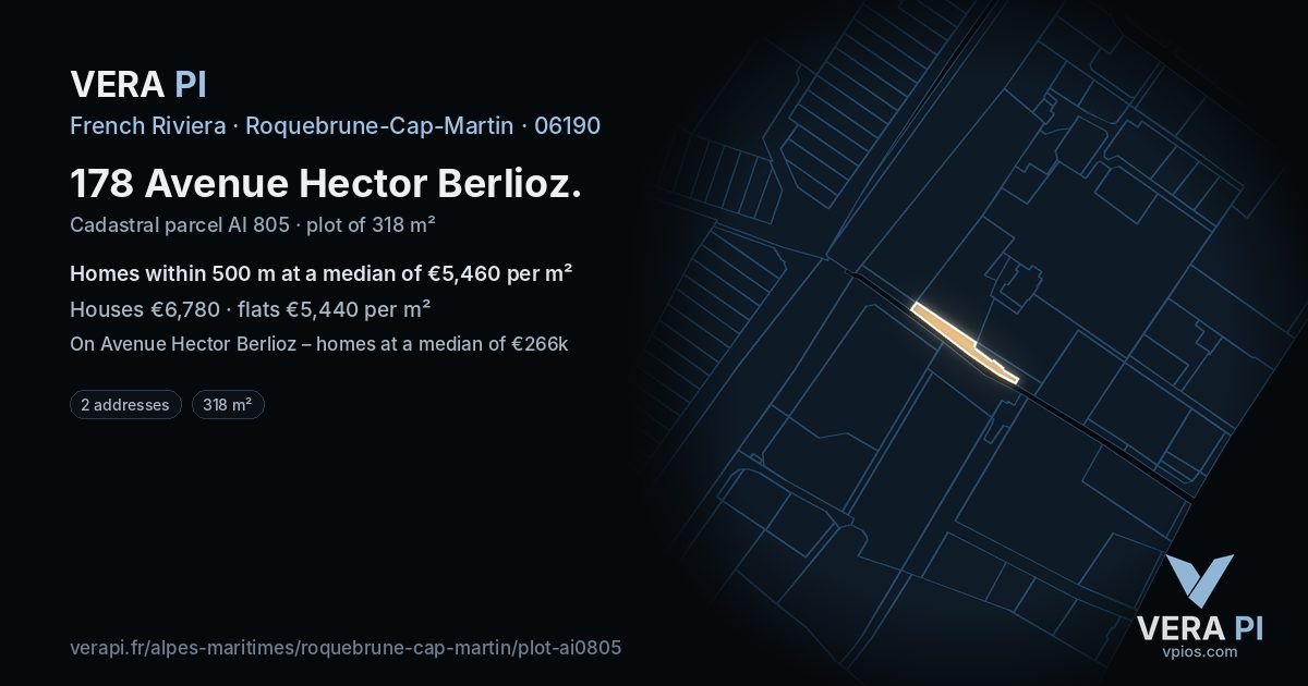 178 Avenue Hector Berlioz, Roquebrune-Cap-Martin at night – the plot lit, the parcels around coloured by the prices near them