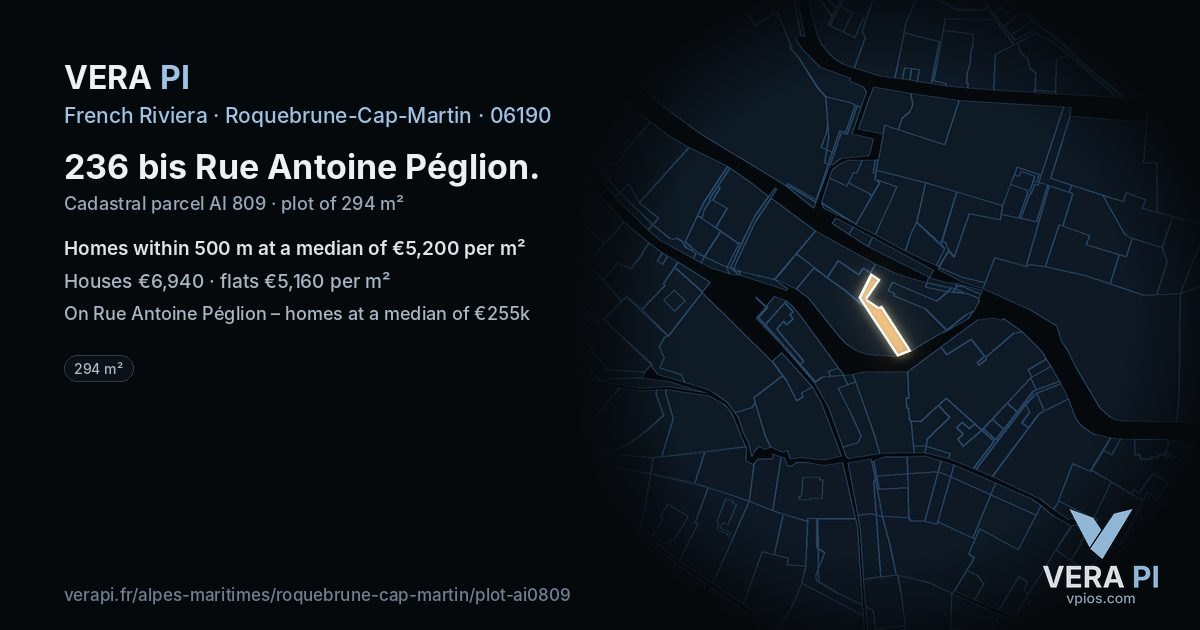 236 bis Rue Antoine Péglion, Roquebrune-Cap-Martin at night – the plot lit, the parcels around coloured by the prices near them