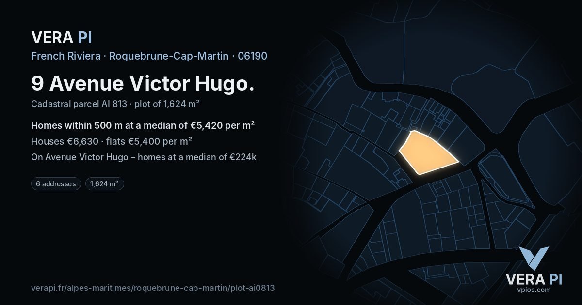9 Avenue Victor Hugo, Roquebrune-Cap-Martin at night – the plot lit, the parcels around coloured by the prices near them