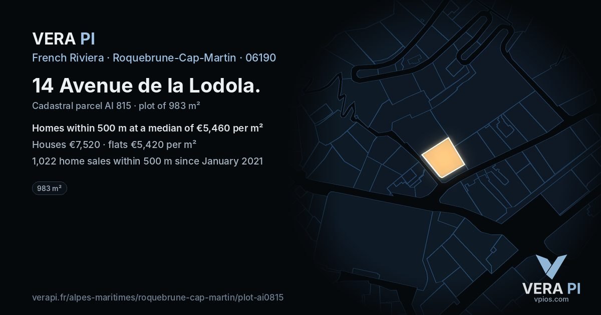 14 Avenue de la Lodola, Roquebrune-Cap-Martin at night – the plot lit, the parcels around coloured by the prices near them