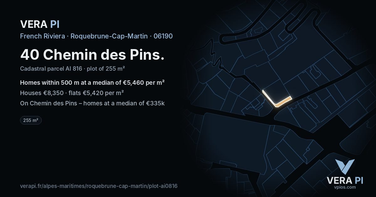 40 Chemin des Pins, Roquebrune-Cap-Martin at night – the plot lit, the parcels around coloured by the prices near them