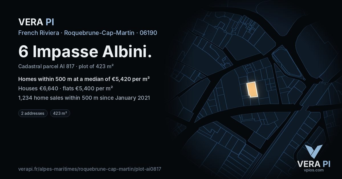 6 Impasse Albini, Roquebrune-Cap-Martin at night – the plot lit, the parcels around coloured by the prices near them