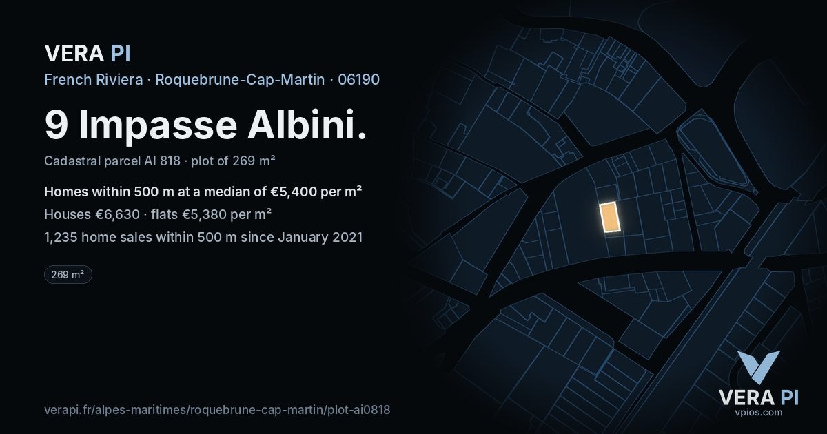 9 Impasse Albini, Roquebrune-Cap-Martin at night – the plot lit, the parcels around coloured by the prices near them