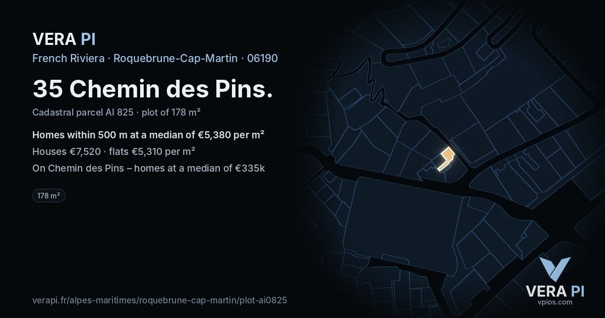 35 Chemin des Pins, Roquebrune-Cap-Martin at night – the plot lit, the parcels around coloured by the prices near them