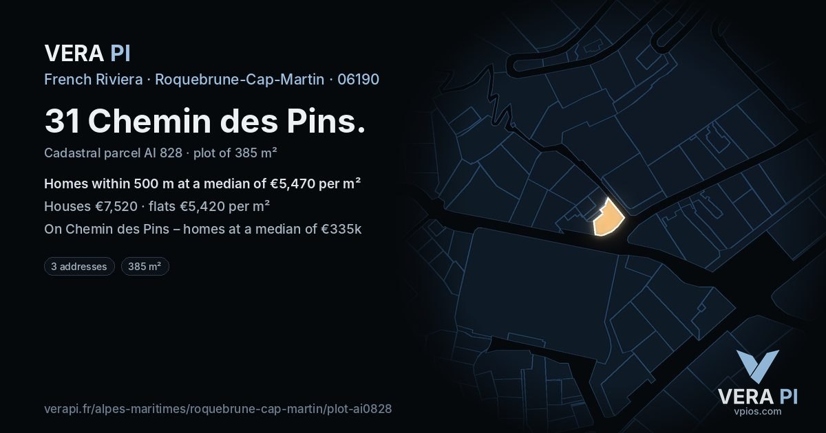 31 Chemin des Pins, Roquebrune-Cap-Martin at night – the plot lit, the parcels around coloured by the prices near them