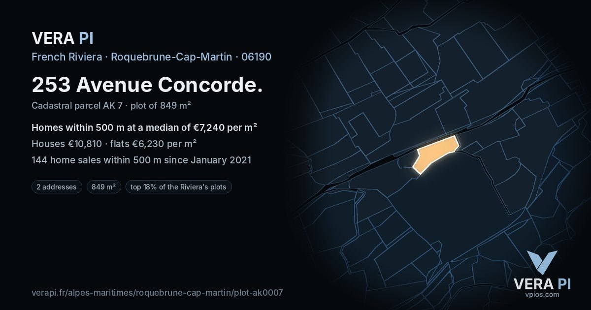 253 Avenue Concorde, Roquebrune-Cap-Martin at night – the plot lit, the parcels around coloured by the prices near them