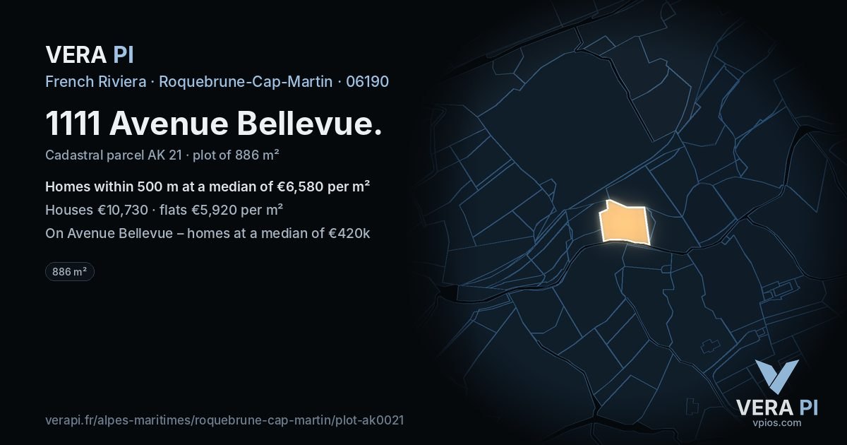 1111 Avenue Bellevue, Roquebrune-Cap-Martin at night – the plot lit, the parcels around coloured by the prices near them
