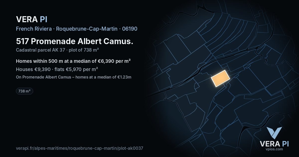 517 Promenade Albert Camus, Roquebrune-Cap-Martin at night – the plot lit, the parcels around coloured by the prices near them