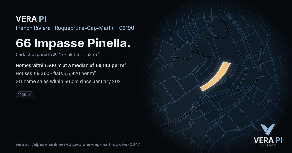 66 Impasse Pinella, Roquebrune-Cap-Martin at night – the plot lit, the parcels around coloured by the prices near them