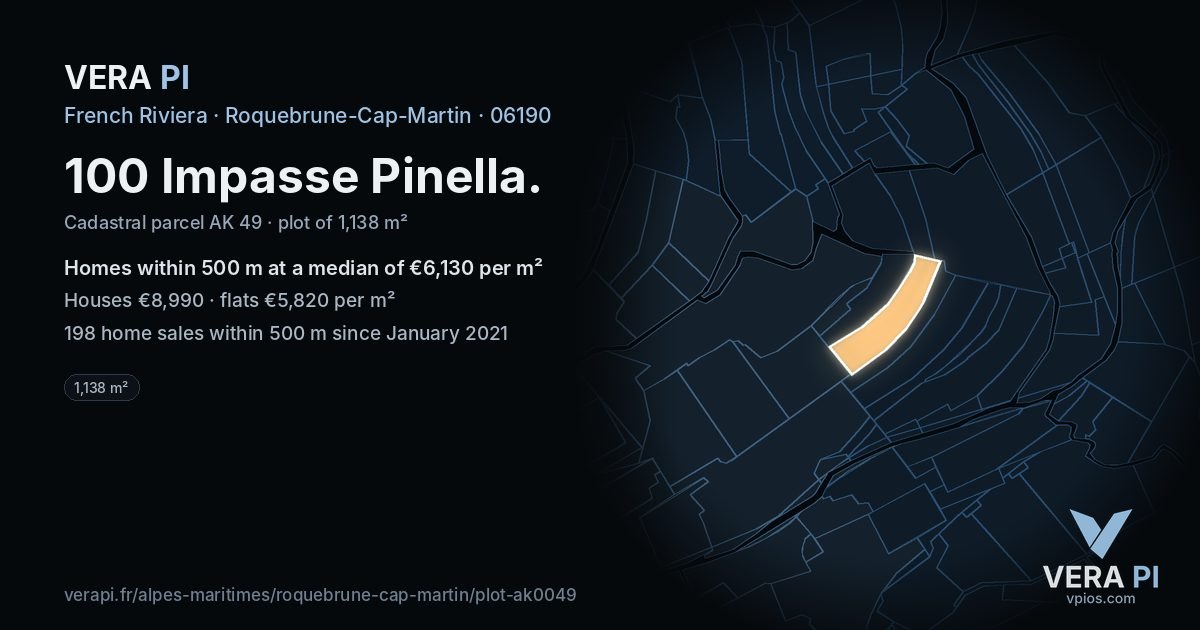 100 Impasse Pinella, Roquebrune-Cap-Martin at night – the plot lit, the parcels around coloured by the prices near them