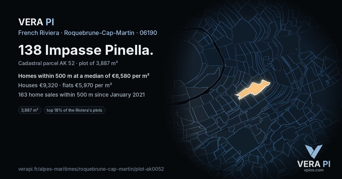 138 Impasse Pinella, Roquebrune-Cap-Martin at night – the plot lit, the parcels around coloured by the prices near them