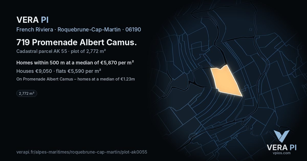 719 Promenade Albert Camus, Roquebrune-Cap-Martin at night – the plot lit, the parcels around coloured by the prices near them